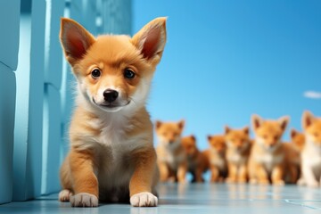 A playful litter of welsh corgi puppies frolics under the bright blue sky, their orange and white fur blending seamlessly with the outdoor landscape as they eagerly await their new pet parents