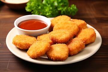 Delicious chicken nuggets on a plate with copyspace available for text.