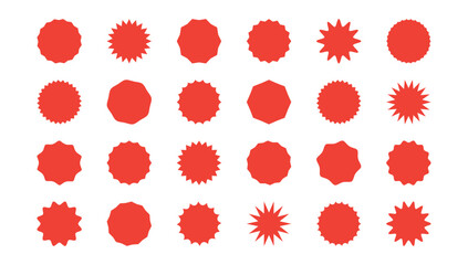 Starburst shape, sun sticker, sale balloon, award seal vector icon, badge star, price circle label, red tag set isolated on white background. Simple illustration