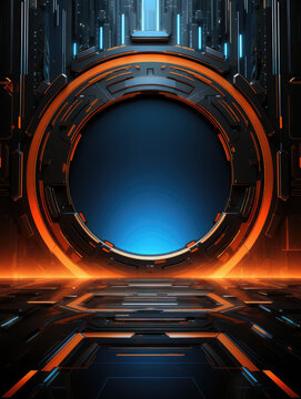  A glowing circular portal in a futuristic cityscape at night. Vertical abstract background wallpaper.