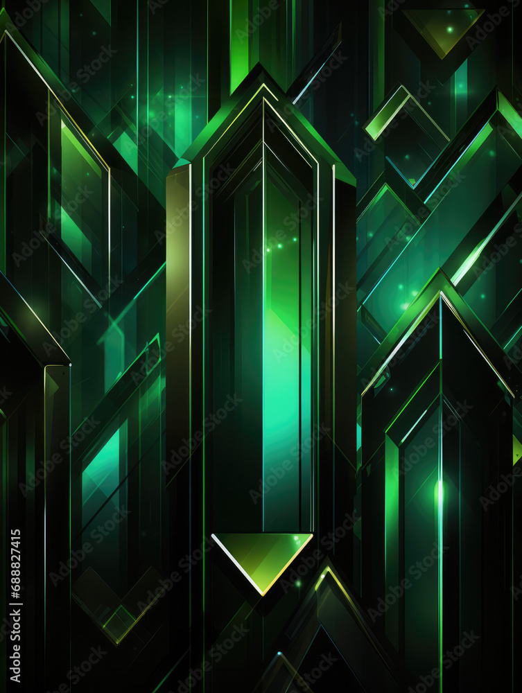 Poster A luminous emerald geometric pattern with sparkling light effects creating a futuristic and symmetrical design. Tall vertical background.