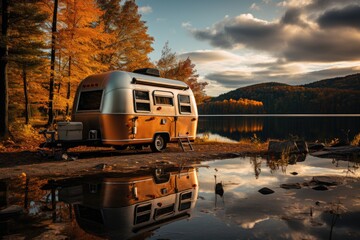 As the sun sets behind the majestic mountains, a camper van rests on the shore of a serene lake, its reflection shimmering in the peaceful waters, surrounded by the beauty of nature in autumn