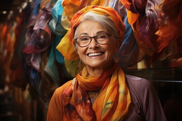 Obraz premium Captivatingly clad in a vibrant scarf, a beaming woman stands before an array of colorful fabric, her glasses reflecting the intricate patterns of the temple behind her