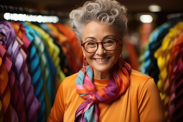 Obraz premium A stylish woman with a warm smile and vibrant scarf adds a pop of color to an indoor store while browsing art, her glasses framing her face with a touch of sophistication