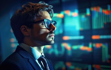 Businessman in glasses looking on the augmented reality technology waveform lines of stock market