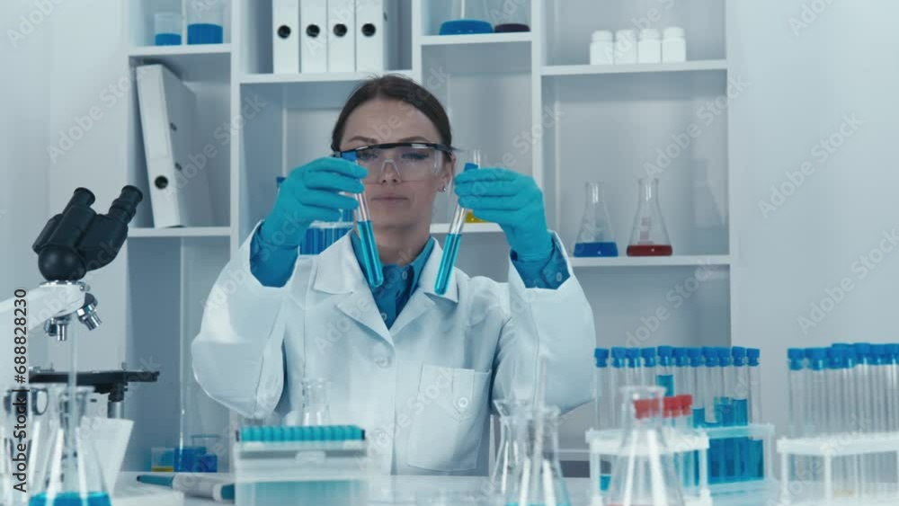Poster in the laboratory, the scientist conducts experiments with samples, investigating their characterist