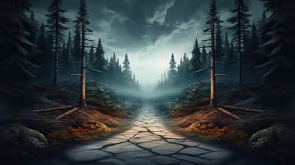 Crossroads, two different directions, concept of choose the correct way. forest landscape - obrazy, fototapety, plakaty