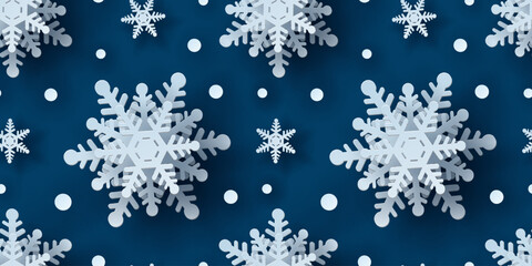 Winter seamless pattern with paper cut snowflakes. Christmas design 3D illustration on blue colored background for presentation, banner, cover, web, flyer, card, sale, poster and social media.	