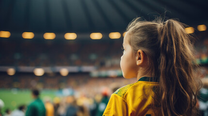 A young girl in yellow and green attire watches the Australian team at the Women's World Cup from the stadium, with a blurred background. - obrazy, fototapety, plakaty