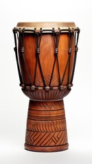 Djembe drum on white background. Traditional percussion musical instrument of African culture. Suitable for musical design, article, blog, social media post, album cover, poster. Vertical format