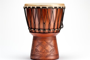 Djembe drum on white background. Traditional percussion musical instrument of African culture. Suitable for musical design, article, blog, social media post, album cover, poster. Horizontal format