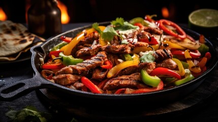 Fajitas with beef and colorful bell peppers, served in skillet with tortillas. On dark background. Traditional Mexican dish. Grilled meat with vegetables. For food blog, restaurant, menu, cookbook. - obrazy, fototapety, plakaty