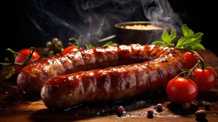 Close up view of grilled sausages served with cherry tomatoes and spices on a rustic wooden board. Ideal for food blogs, restaurant menus, and culinary articles.