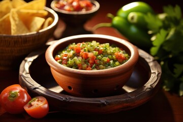 Salsa in bowl, served with tortilla chips and vegetables on wooden table. Traditional Mexican dish. On dark background. Ideal for food, restaurant advertisements, culinary blogs, recipe websites
