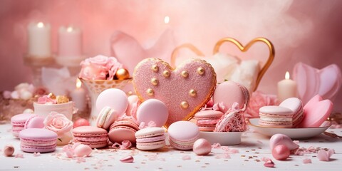 Valentine's Day pink heart sweets and macarons. Food proffession photography