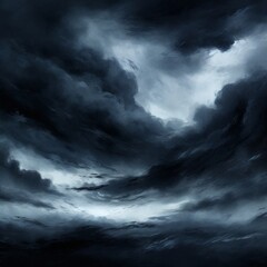 Black dark greenish blue dramatic night sky. Gloomy ominous storm rain clouds background. Cloudy thunderstorm