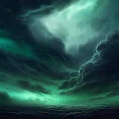 Black dark greenish blue dramatic night sky. Gloomy ominous storm rain clouds background. Cloudy thunderstorm