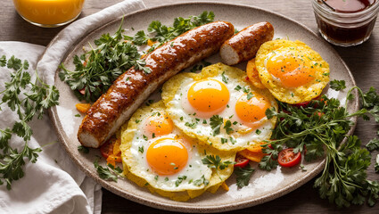 Appetizing breakfast with fried eggs, sausages, tomatoes in the kitchen