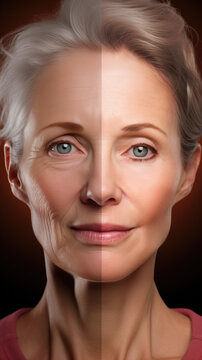 Portrait woman, young and old version, beauty concept skin aging. anti-aging procedures, rejuvenation, lifting, tightening of facial skin, restoration of youthful skin anti-wrinkle.