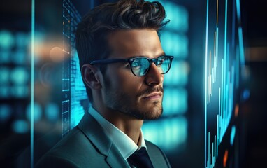 Businessman in glasses looking on the augmented reality technology waveform lines of stock market