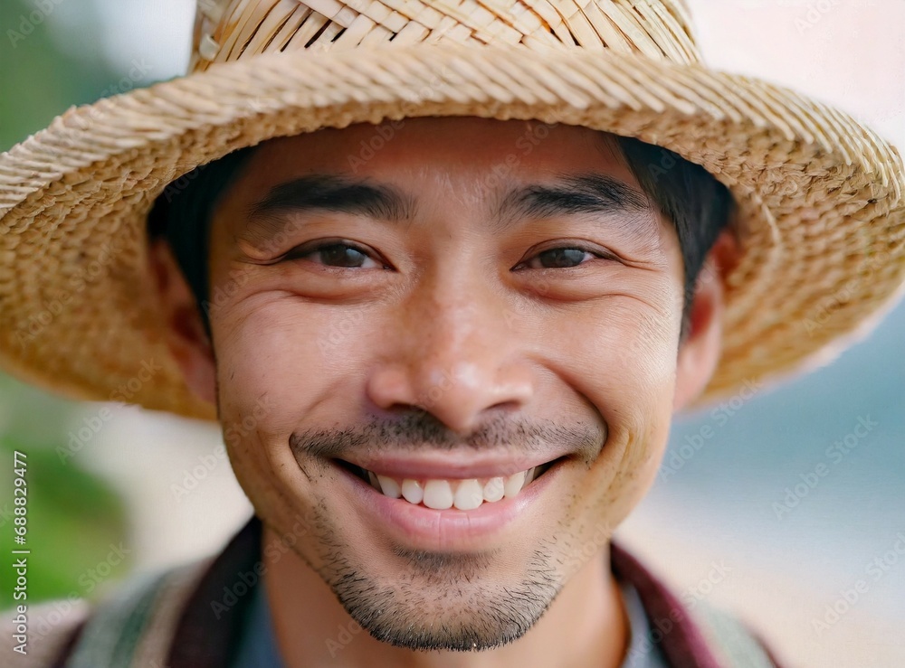 Sticker Portrait of Asian tourist man with straw hat, face closeup