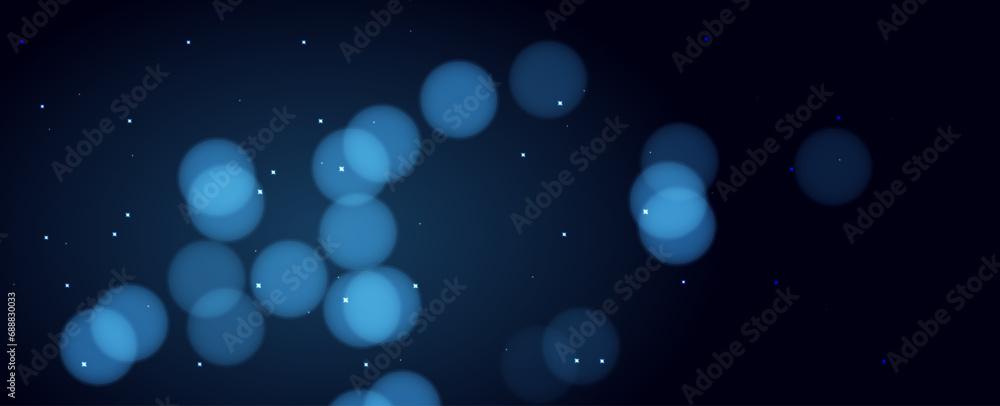 Poster futuristic vector image featuring a diagonal line of glossy blue spheres of varying sizes on a dark 