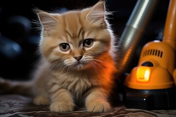 An orange kitten with curious eyes sits next to a domestic cat, mesmerized by the loud whirring of the vacuum cleaner