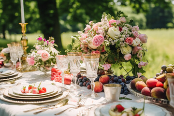 Country tablescape, formal dinner table setting, table scape with strawberry decoration for wedding party and holiday event celebration, generative ai