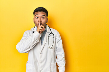 Asian doctor in white coat with stethoscope, yellow studio keeping a secret or asking for silence.
