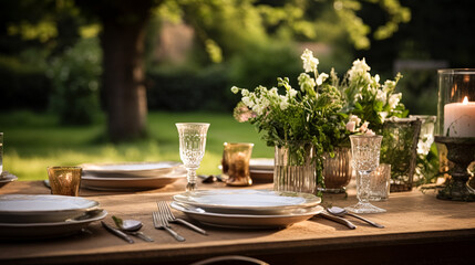 Table decor, holiday tablescape and dinner table setting in countryside garden, formal event decoration for wedding, family celebration, English country and home styling