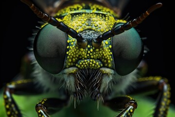 Macro shot of the head of a bee (insect), Close macro view of an insect head, Sharp and detailed study of insect head, macro shot
