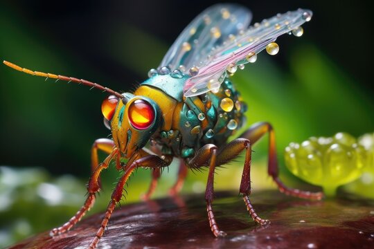Macro shot of a fly on a leaf with water droplets, Close-up photograph of details of the body of a large colorful flying insect, entomology, Macro insect on plant