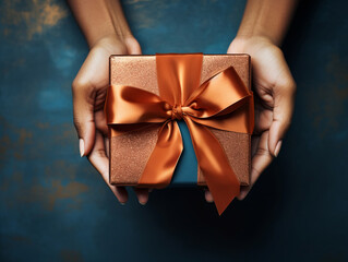 Woman hand holding a gift with gold ribbon bow on blue background