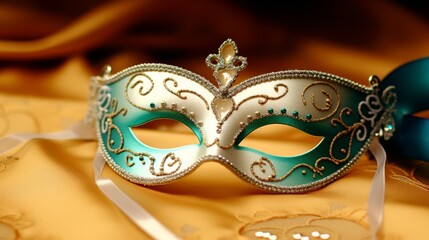 Golden carnival mask on yellow satin. Invitation card with place for text.