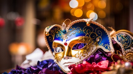 Golden carnival mask on the blurred background. Invitation card with place for text.