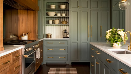 Muted grey modern cottage kitchen decor, interior design and country house, in frame kitchen cabinetry, sink, stove and countertop, English countryside style