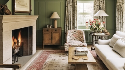 Antique cottage sitting room, green wall living room interior design and country house home decor, sofa, fireplace and lounge furniture, English countryside style