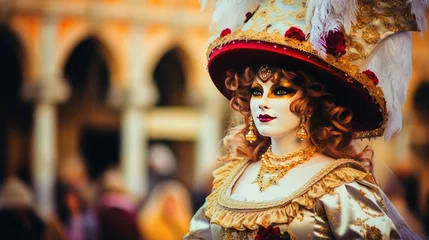 Fotobehang A woman in a goud carnival dress wearing a mask and hat with flouwers, Venice. © Natalya