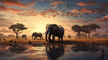 Fototapeta na wymiar Elephant and a flock of birds at a watering hole, savannah. African animal scene