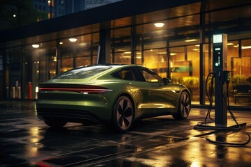 At a dimly lit gas station, a sleek green sports car with alloy wheels and bright automotive...
