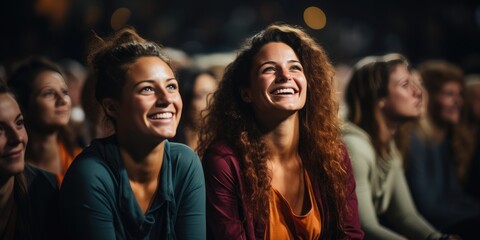 A diverse group of women in dark clothing share contagious smiles and laughter, radiating joy and unity in their human connection