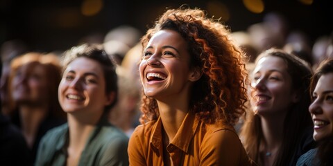 A joyous woman with a mane of curls radiates warmth and happiness, surrounded by a lively crowd indoors, her contagious laughter echoing through the air - obrazy, fototapety, plakaty