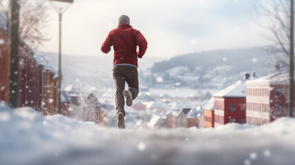 Healthy energetic man jogging in a snowy city on a sunny winter day. View over a nice residential area in a northern European town. Person exercising outdoors. Active urban lifestyle. - obrazy, fototapety, plakaty