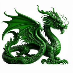 Green wooden dragon, symbol of 2024 year, isolated on a white background. The dragon is intricately carved, showing detailed scales and features.