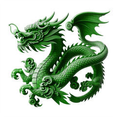 Fototapeta premium Green wooden dragon, symbol of 2024 year, isolated on a white background. The dragon is intricately carved, showing detailed scales and features.
