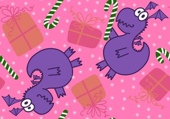 Cartoon animals dinosaur Christmas seamless dragon pattern for wrapping paper and kids clothes print