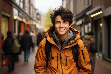 A fashionable man stands on the busy city street, his bright orange jacket catching the eye of passersby as he smiles confidently in the cool outdoor air