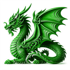 Green wooden dragon, symbol of 2024 year, isolated on a white background. The dragon is intricately carved, showing detailed scales and features.