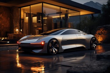 The sleek silver sports car glistens under the night sky, its alloy wheels perfectly aligned in front of the modern glass building, a symbol of luxury and cutting-edge automotive design