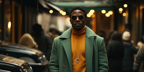 A stylish man stands confidently on a bustling street, his green coat and leather jacket complementing his cool sunglasses as he leans against a sleek car parked in front of a towering building